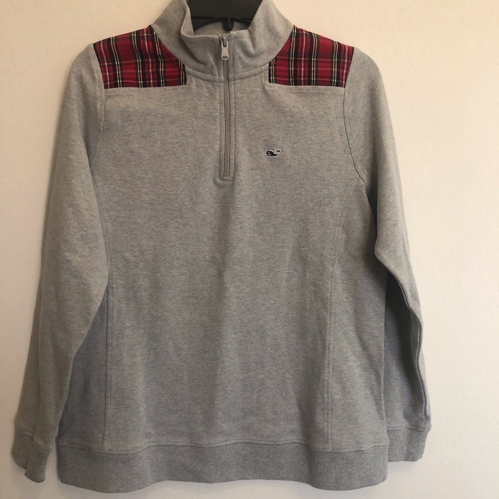 VINEYARD VINES Women’s 1/4 Zip Sweatshirt Gray W/Plaid On Shoulders Size L